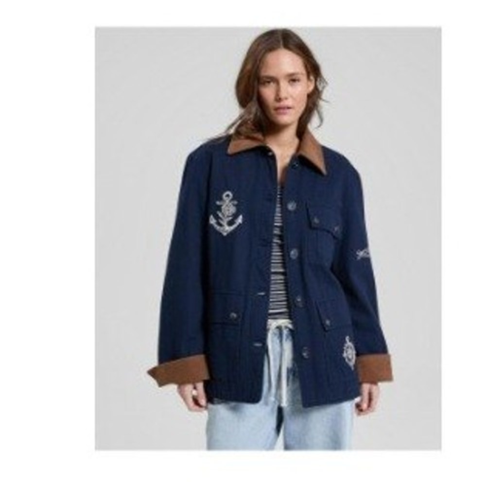 And Now This Womens Navy Blue Embroidered Nautical Barn Jacket Corduroy XS